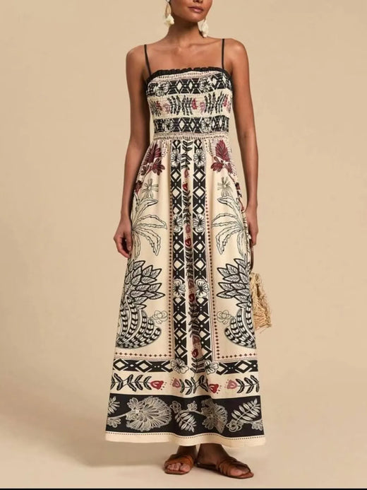 Smocked Printed Spaghetti Strap Maxi Summer Dress - alternate view 4