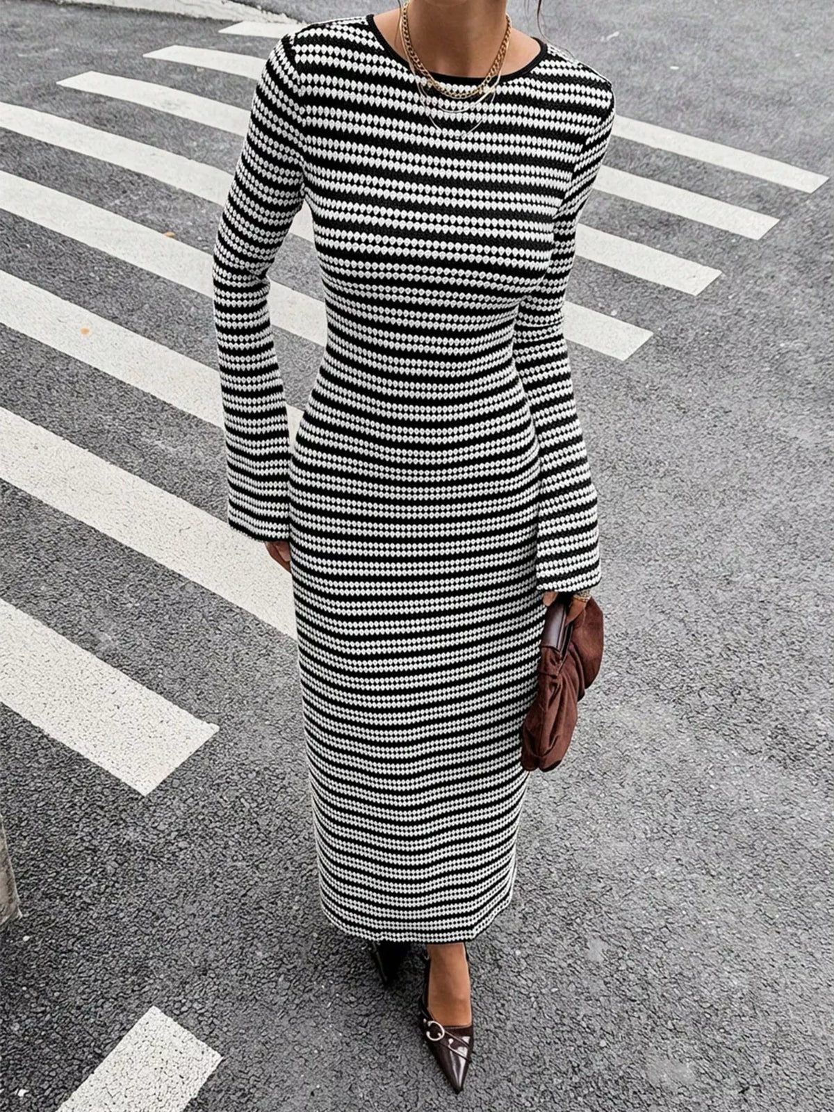 Backless Striped Ribbed Knit Maxi Dress with Flared Sleeves - alternate view 2