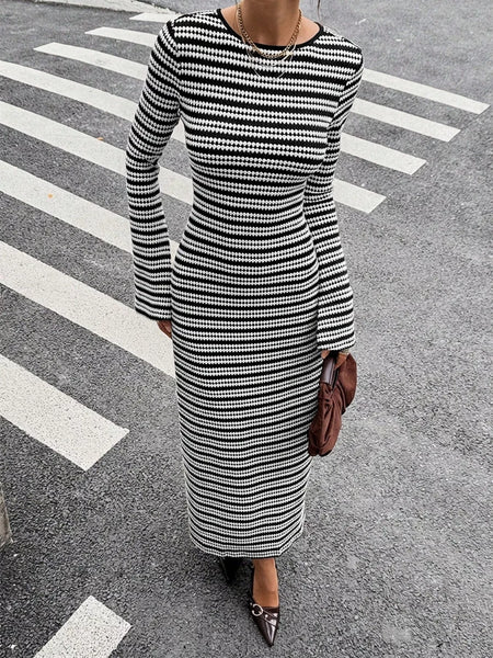 Backless Striped Ribbed Knit Maxi Dress with Flared Sleeves - alternate view 2