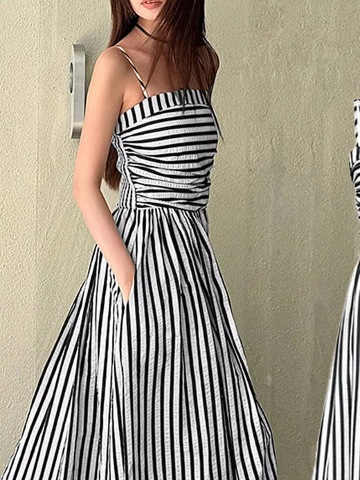Striped Spaghetti Strap A-Line Maxi Dress - alternate view 2