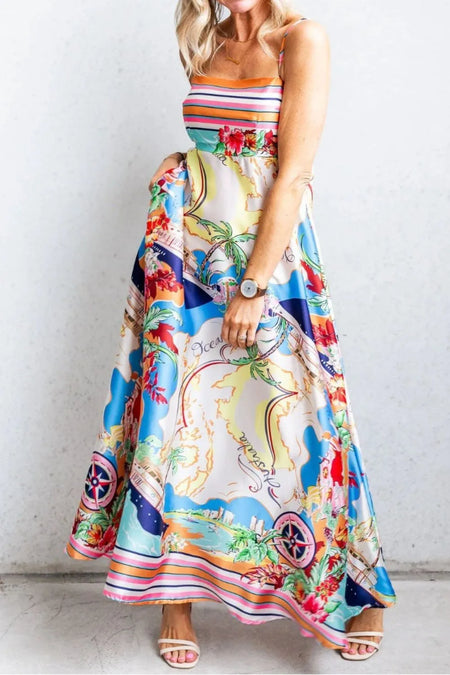 Smocked Back Printed Square Neck Maxi Cami Dress with Pockets - alternate view 3