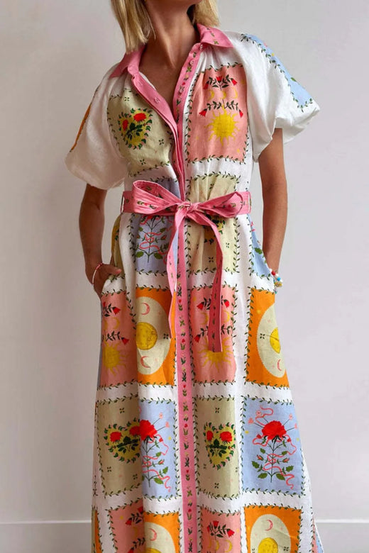 Printed Short Sleeve Belted Maxi Dress - alternate view 5