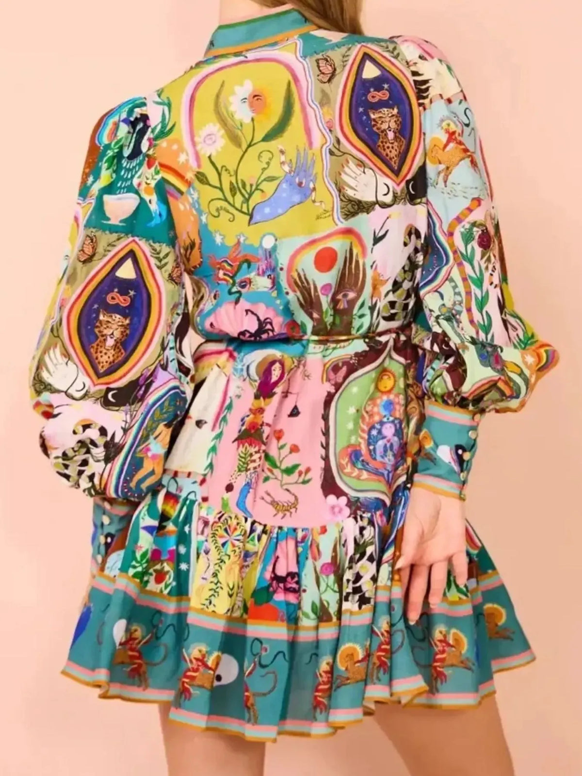 Printed Long Sleeve Mini Dress with Belt - alternate view 6