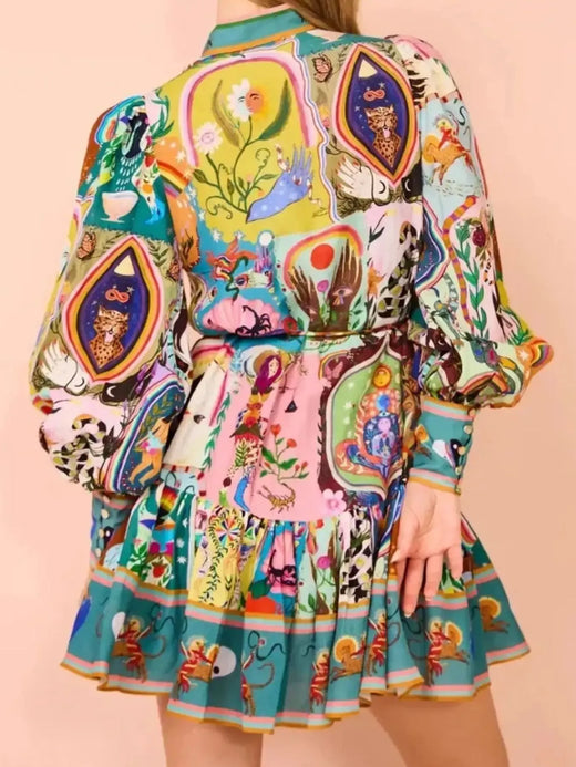 Printed Long Sleeve Mini Dress with Belt - alternate view 6