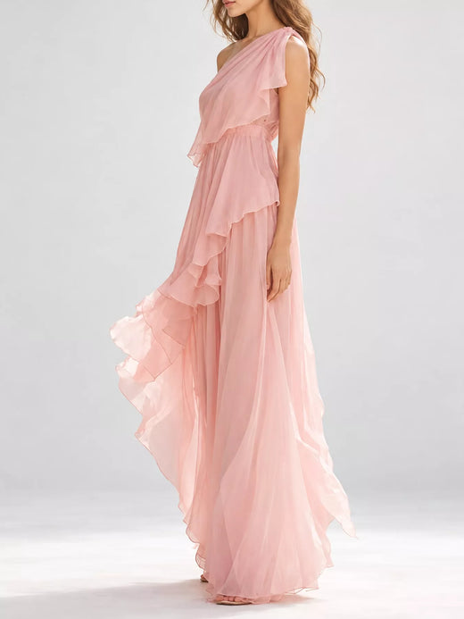 One-Shoulder Ruffled Chiffon Maxi Dress - alternate view 2