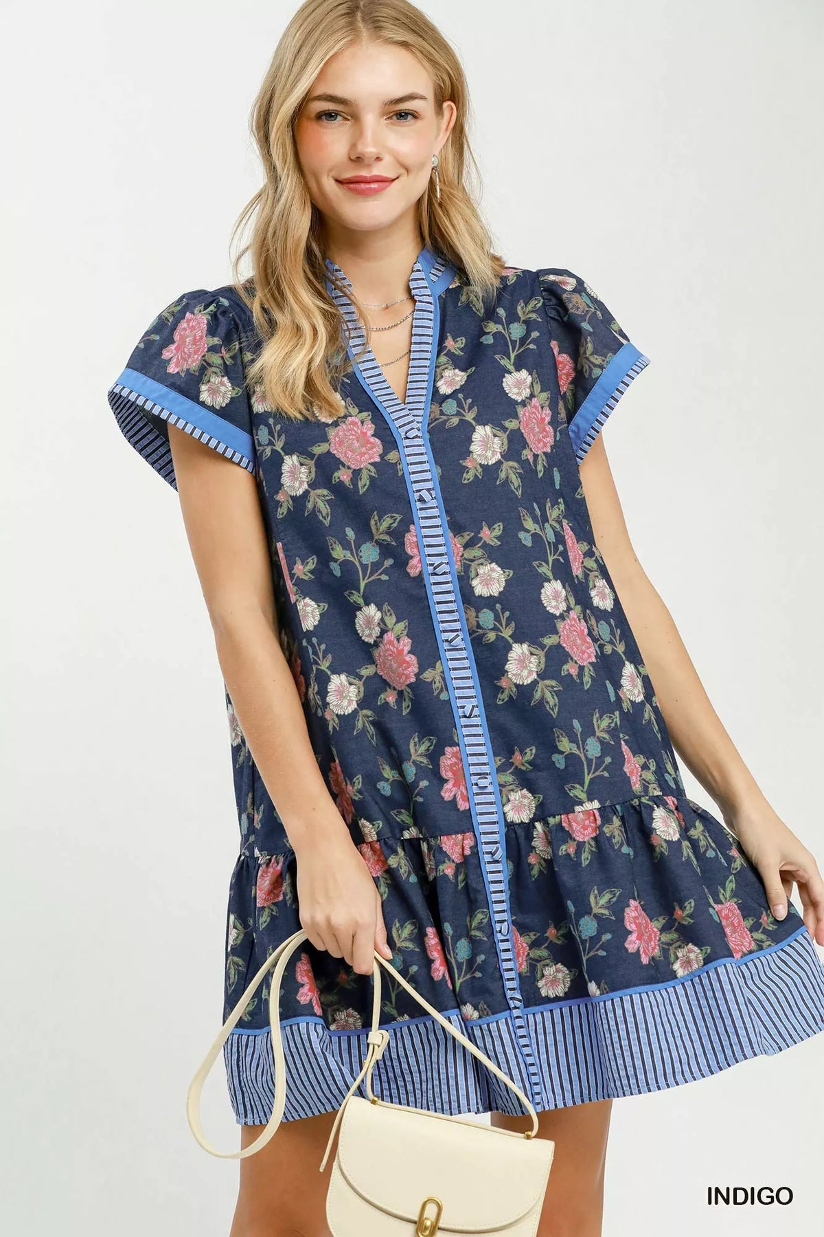 Floral Contrast Trim Ruffle Hem Mini Dress
