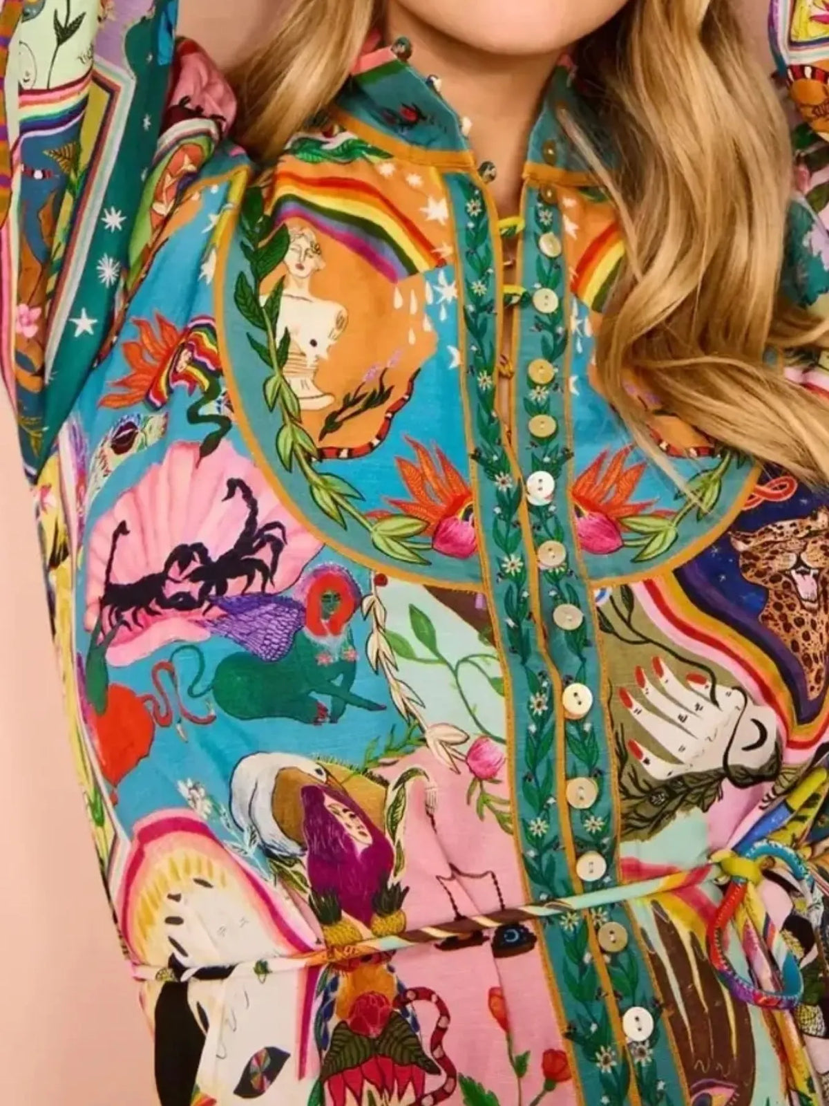 Printed Long Sleeve Mini Dress with Belt - alternate view 3