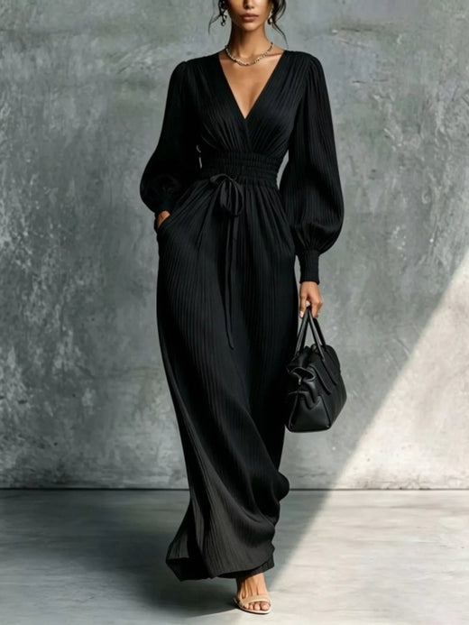 Elegant Pleated V-Neck Maxi Dress with Lantern Sleeves and Tie-Waist - alternate view 2