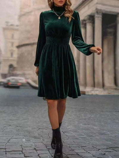 Velvet High Neck Long Sleeve A-Line Dress - alternate view 6