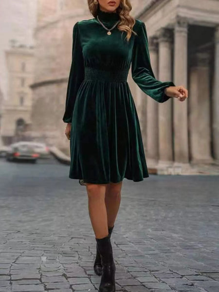 Velvet High Neck Long Sleeve A-Line Dress - alternate view 6
