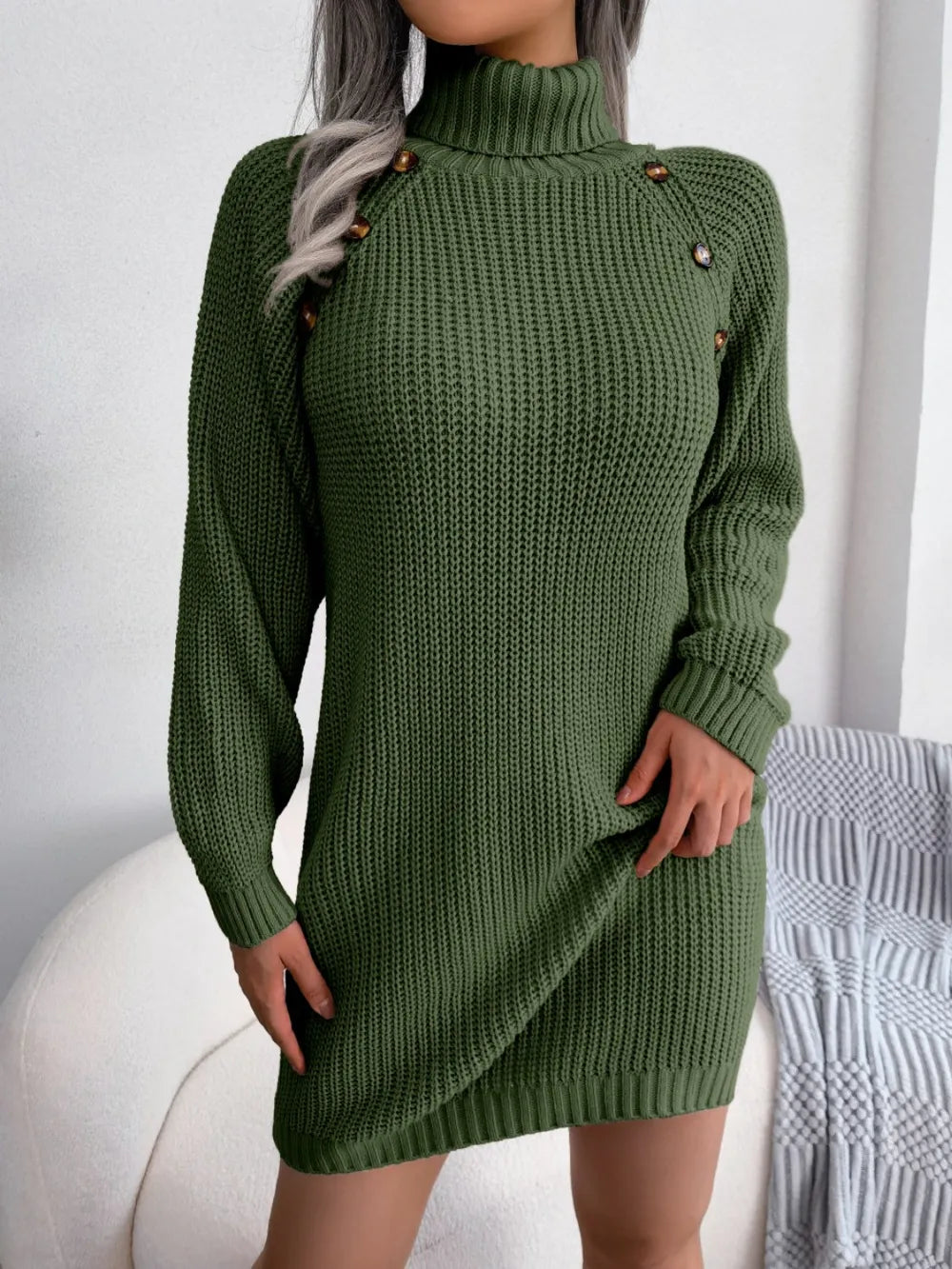 Decorative Button Turtleneck Sweater Dress - alternate view 7