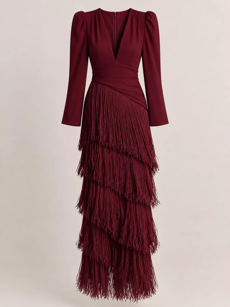 Fringed V-Neck Puff Sleeve Maxi Dress - alternate view 26