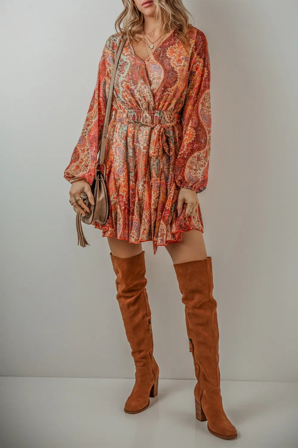 Tied Printed Balloon Sleeve Mini Dress - alternate view 5