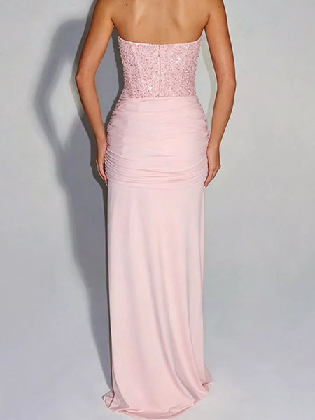 Elegant Strapless Sequin Corset Maxi Dress with Draped Waist Detail - alternate view 33