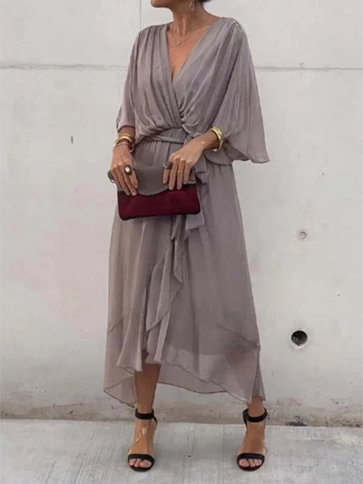 Flowy Tie Front Midi Dress with Flutter Sleeves - alternate view 28