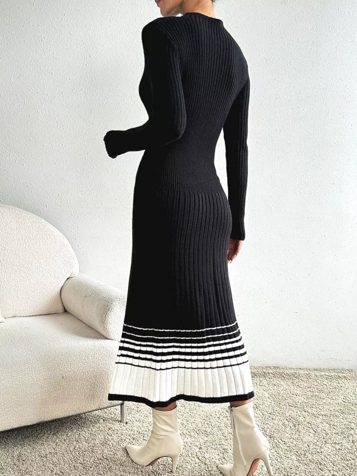 Ribbed Knit Sweater Dress with Striped Hem - alternate view 8