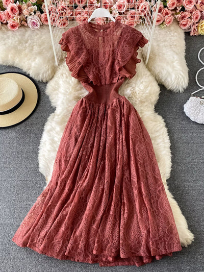 Ruffled Mock Neck Lace Maxi Dress - alternate view 17
