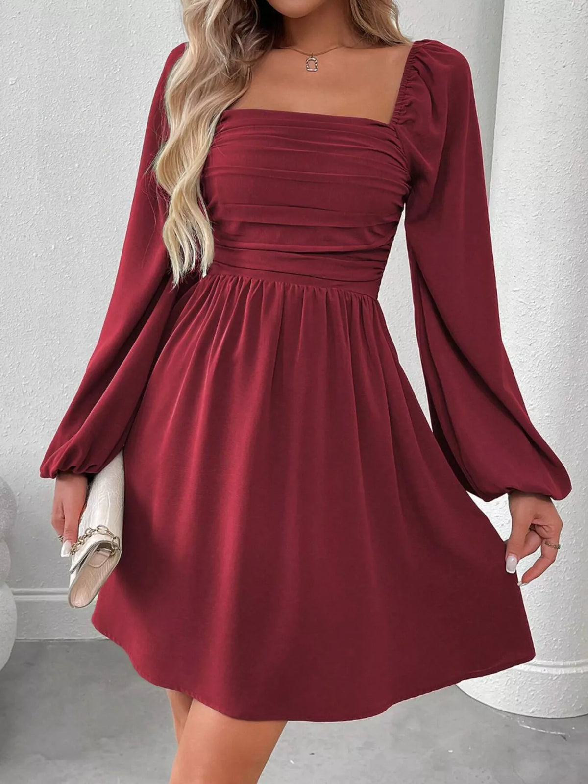 Ruched Square Neck Long Sleeve A-Line Dress - alternate view 4