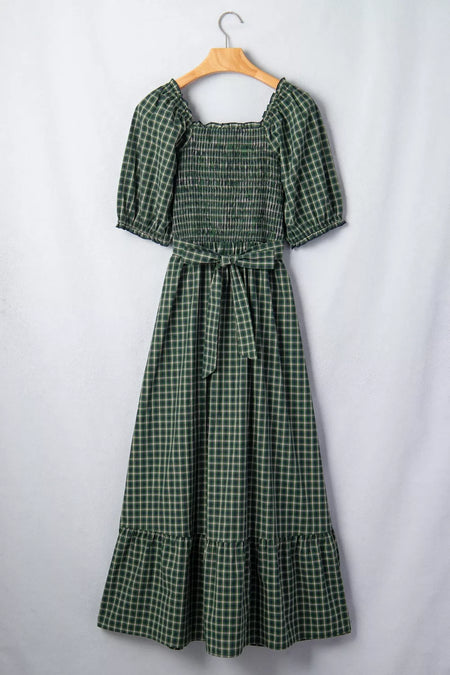 Plaid Square Neck Shirred High Waist Ruffle Hem Maxi Dress - alternate view 7