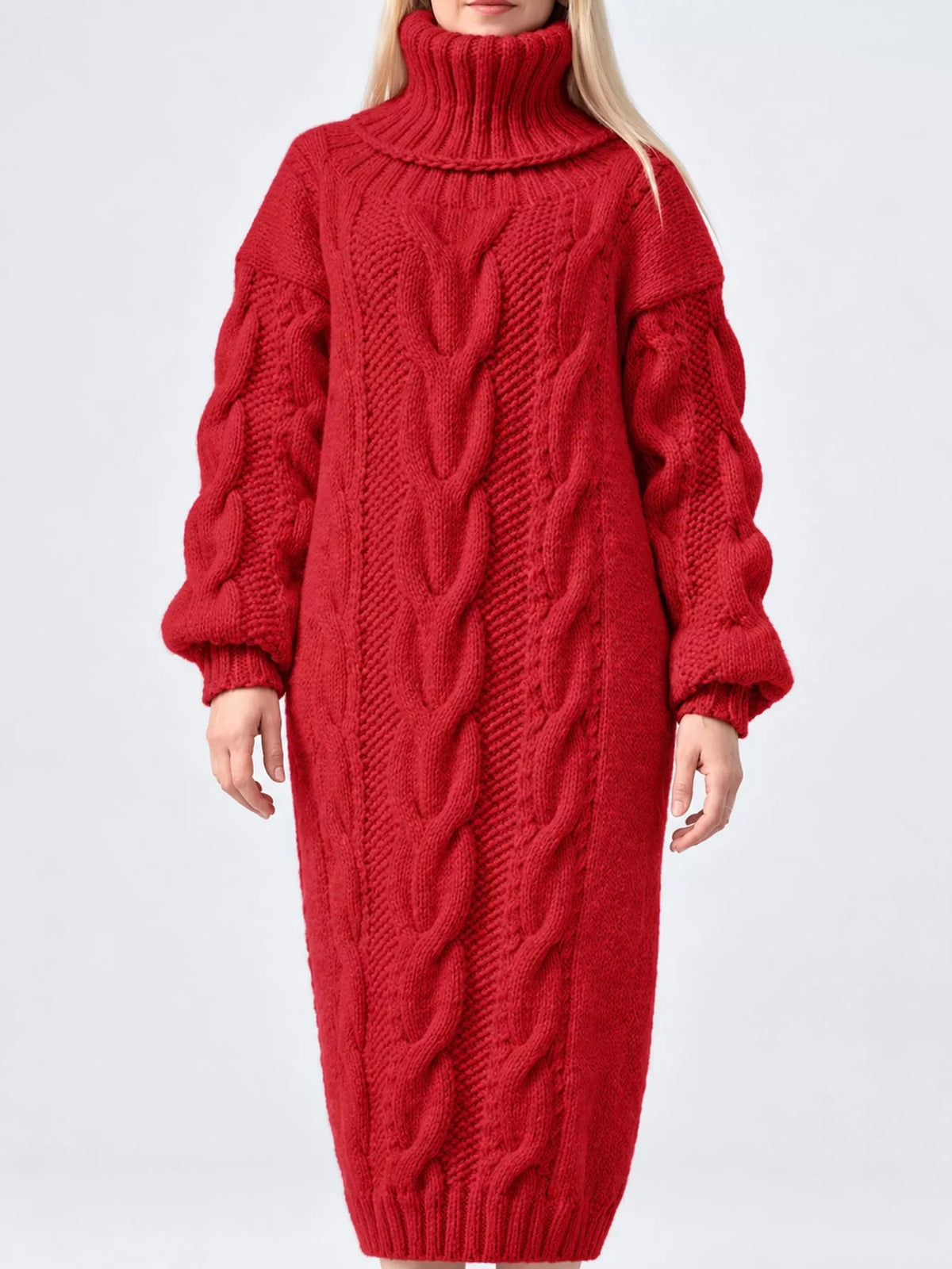 Full Size Oversized Chunky Cable Knit Turtleneck Sweater Dress Plus Size - alternate view 9