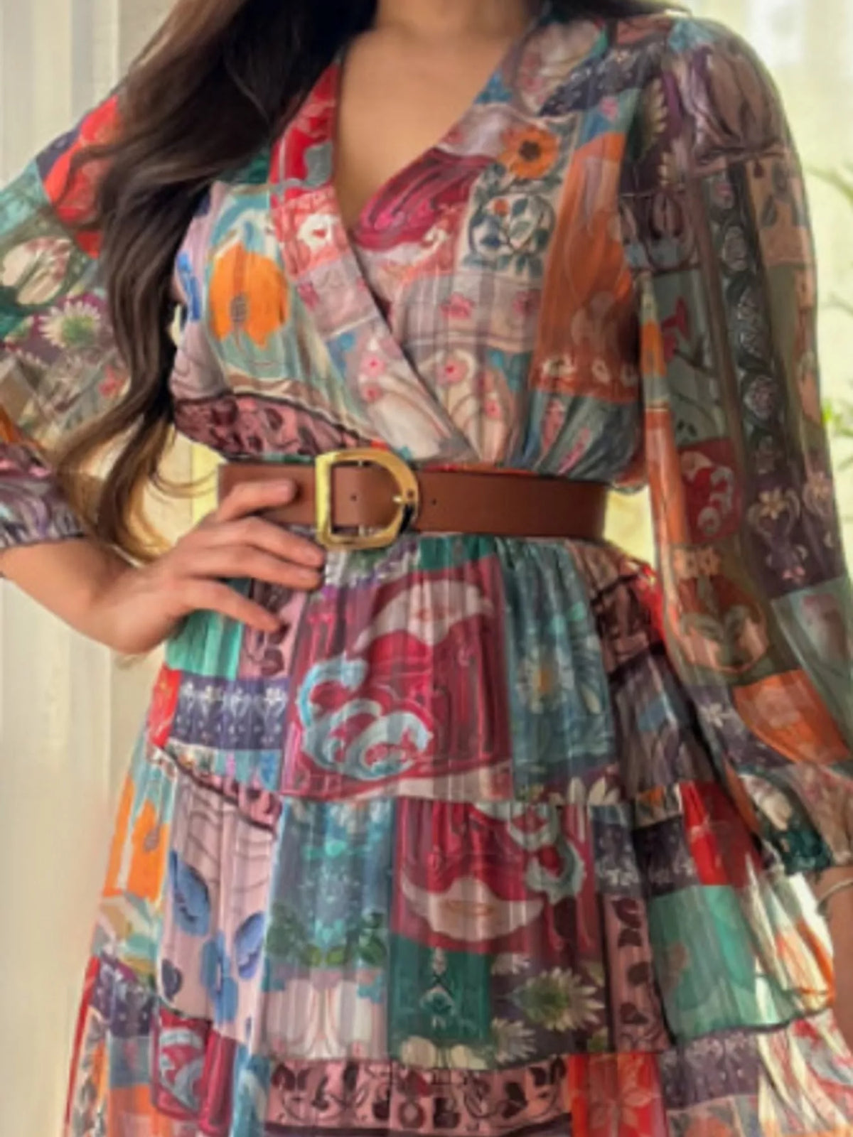 Printed Surplice Long Sleeve Maxi Dress - alternate view 6