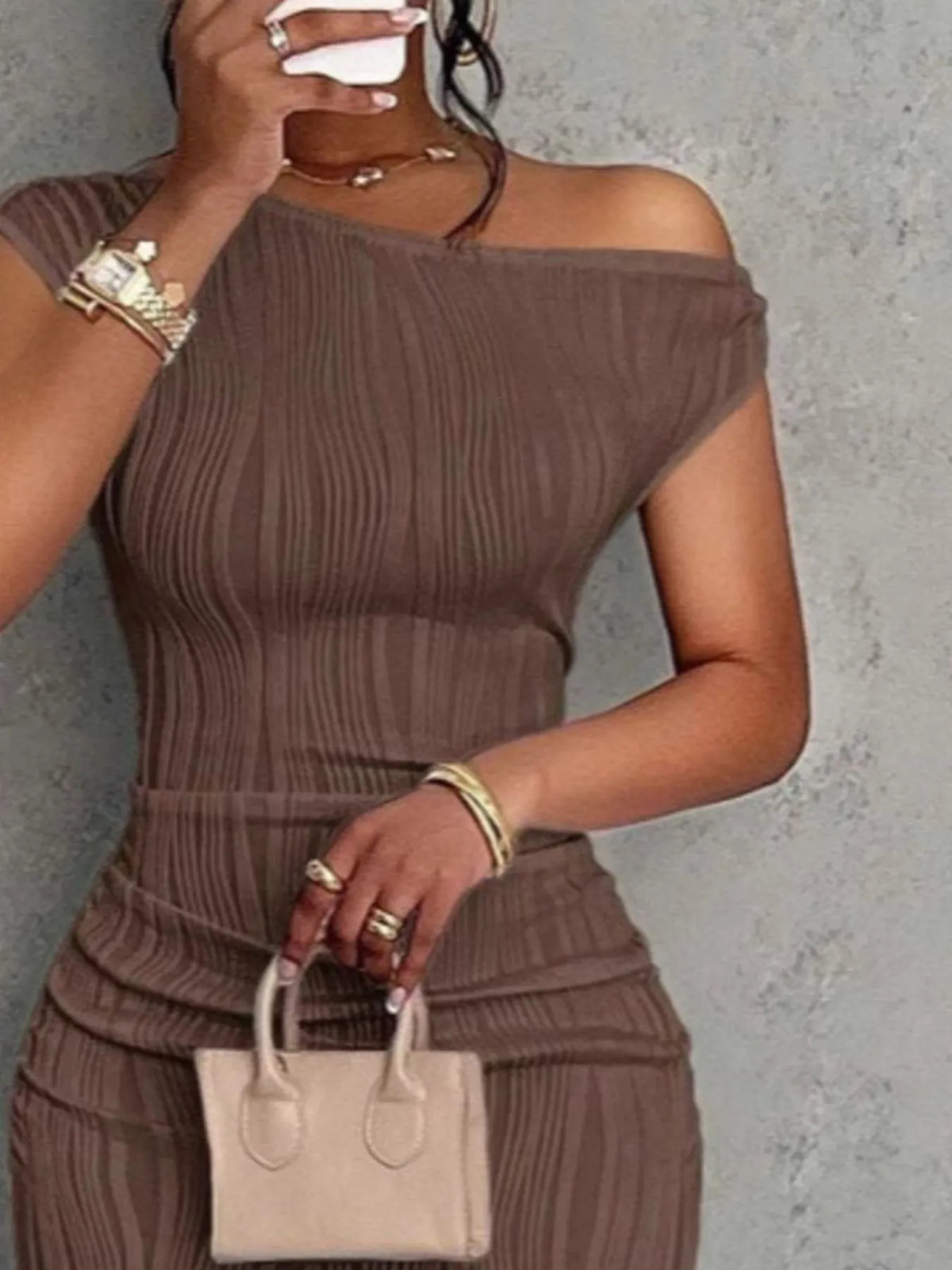 Textured Single Shoulder Bodycon Maxi Dress - alternate view 6