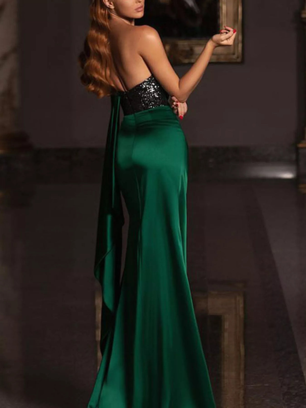 One-Shoulder Sequin Bodice Satin Gown with High Slit - alternate view 4