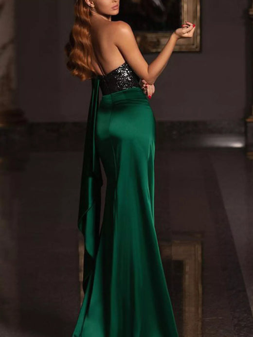 One-Shoulder Sequin Bodice Satin Gown with High Slit - alternate view 4