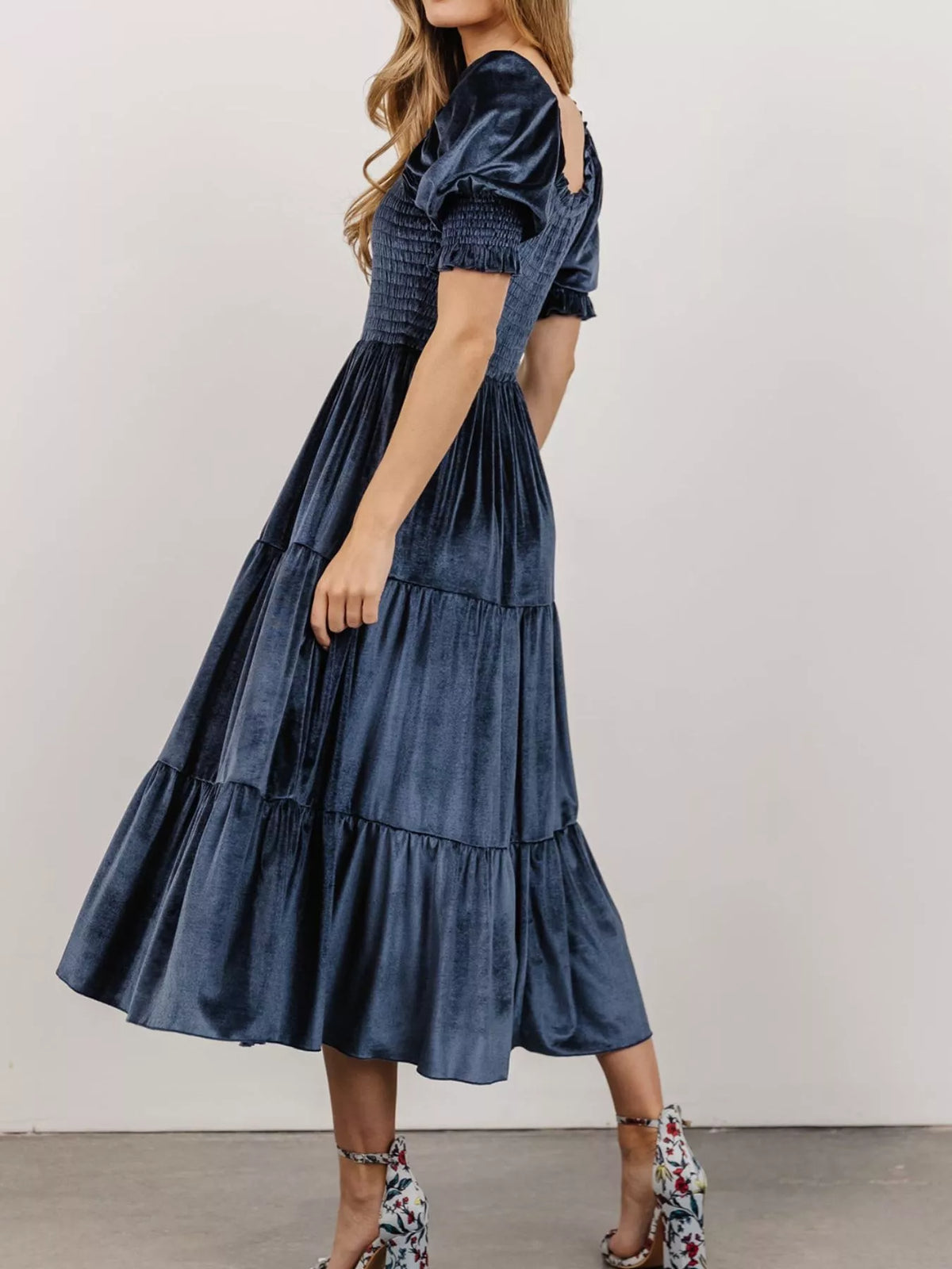 Velvet Smocked Tiered Midi Dress - alternate view 3
