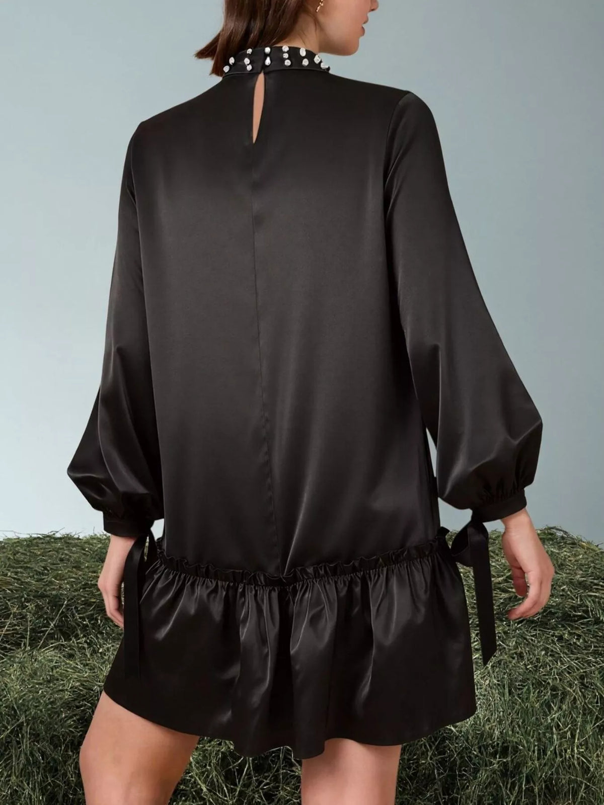 Pearl-Embellished Mock Neck Ruffle Hem Dress - alternate view 4