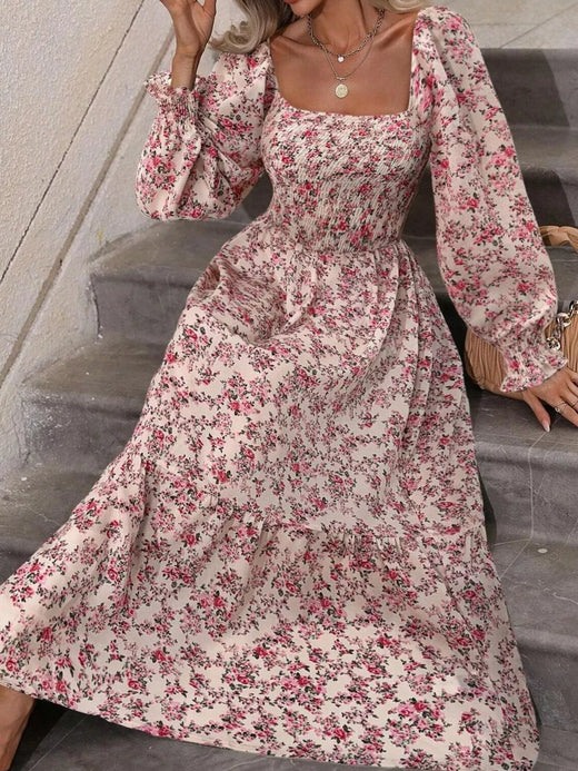 Floral Print Square Neck Smocked Midi Dress - alternate view 4