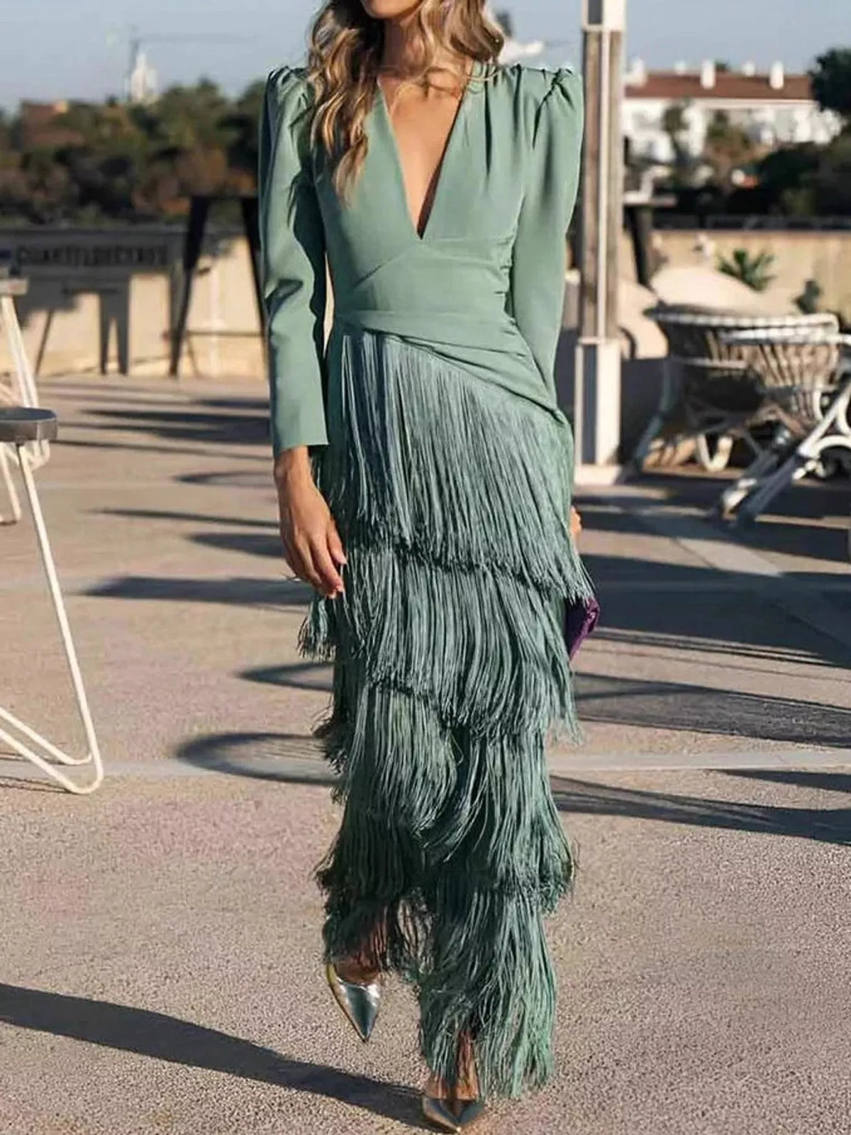 Fringed V-Neck Puff Sleeve Maxi Dress - alternate view 4