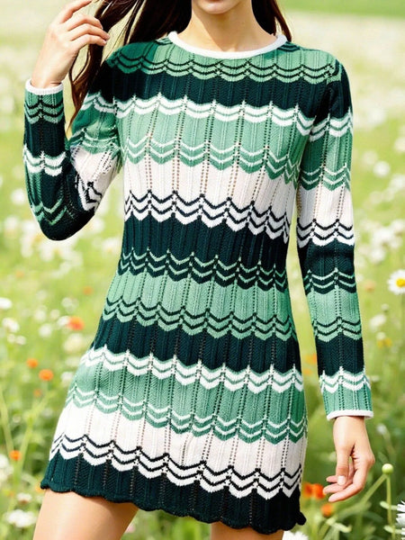 Openwork Wave Pattern Long Sleeve Sweater Dress - alternate view 14