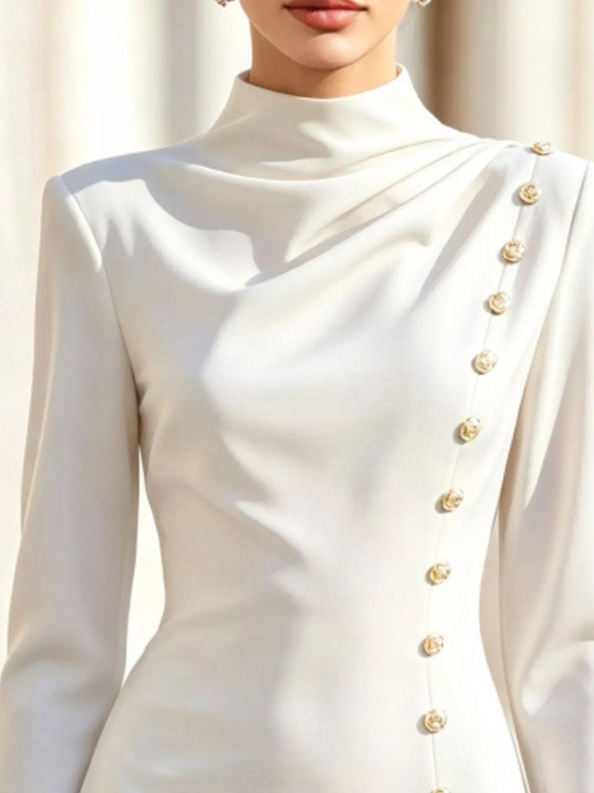 Mock Neck Long-Sleeve Bodycon Dress with Gold-Tone Button Detailing - alternate view 2