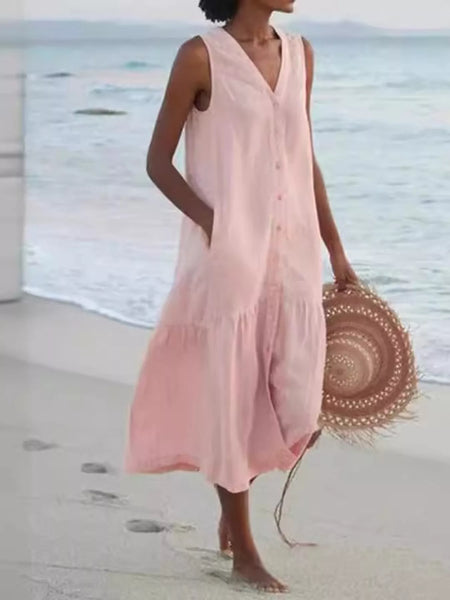 Full Size V-Neck Button Front Sleeveless Midi Dress Plus Size - alternate view 21