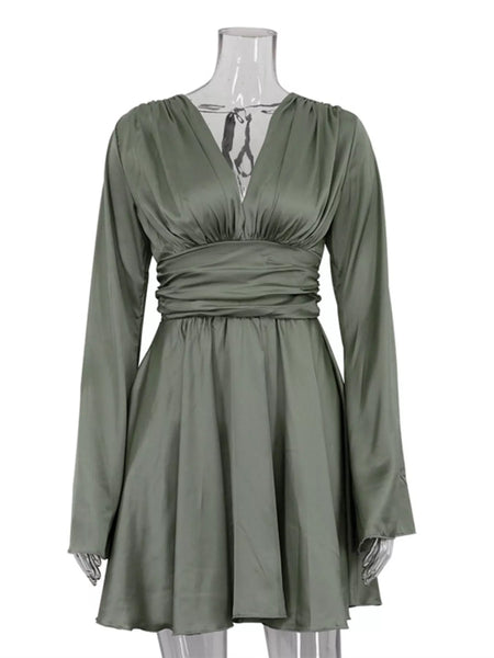 V-Neck Satin Mini Dress with Flowy Sleeves - alternate view 4