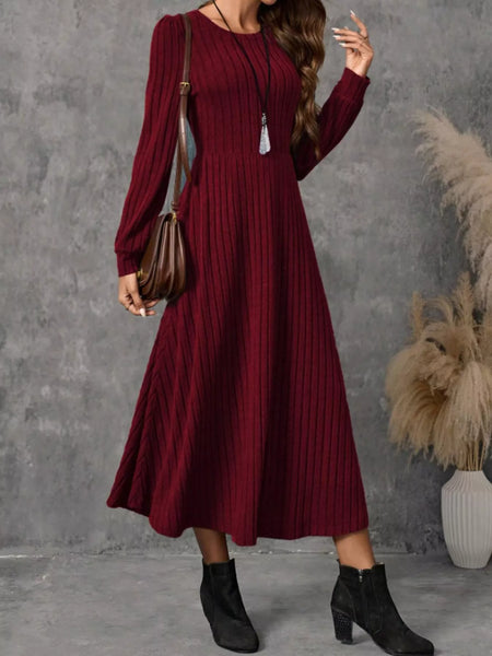 Ribbed Knit Long Sleeve A-Line Midi Dress - alternate view 9