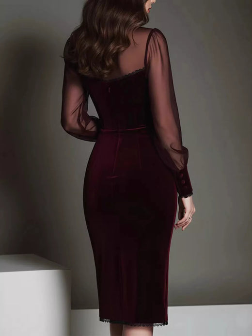 Velvet Bodycon Dress with Sheer Mesh Sleeves - alternate view 2