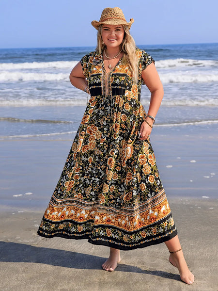 Printed V-Neck Ruffle Cap Sleeve Maxi Dress - alternate view 4
