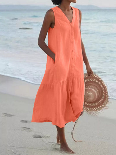 Full Size V-Neck Button Front Sleeveless Midi Dress Plus Size - alternate view 31