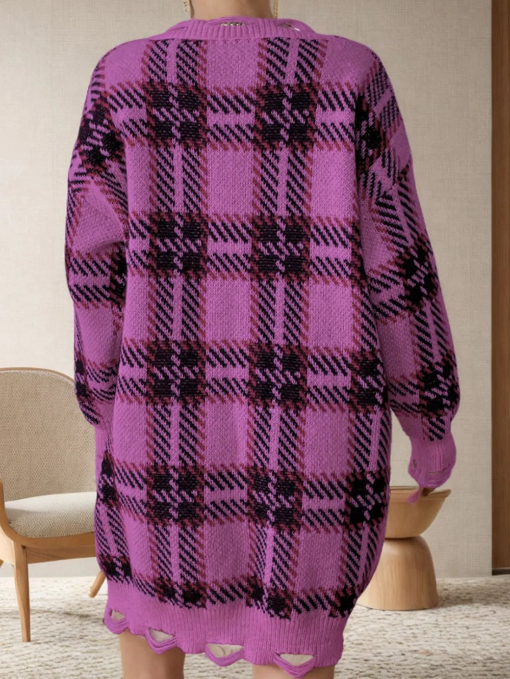 Distressed Plaid V-Neck Long Sleeve Sweater Dress - alternate view 4