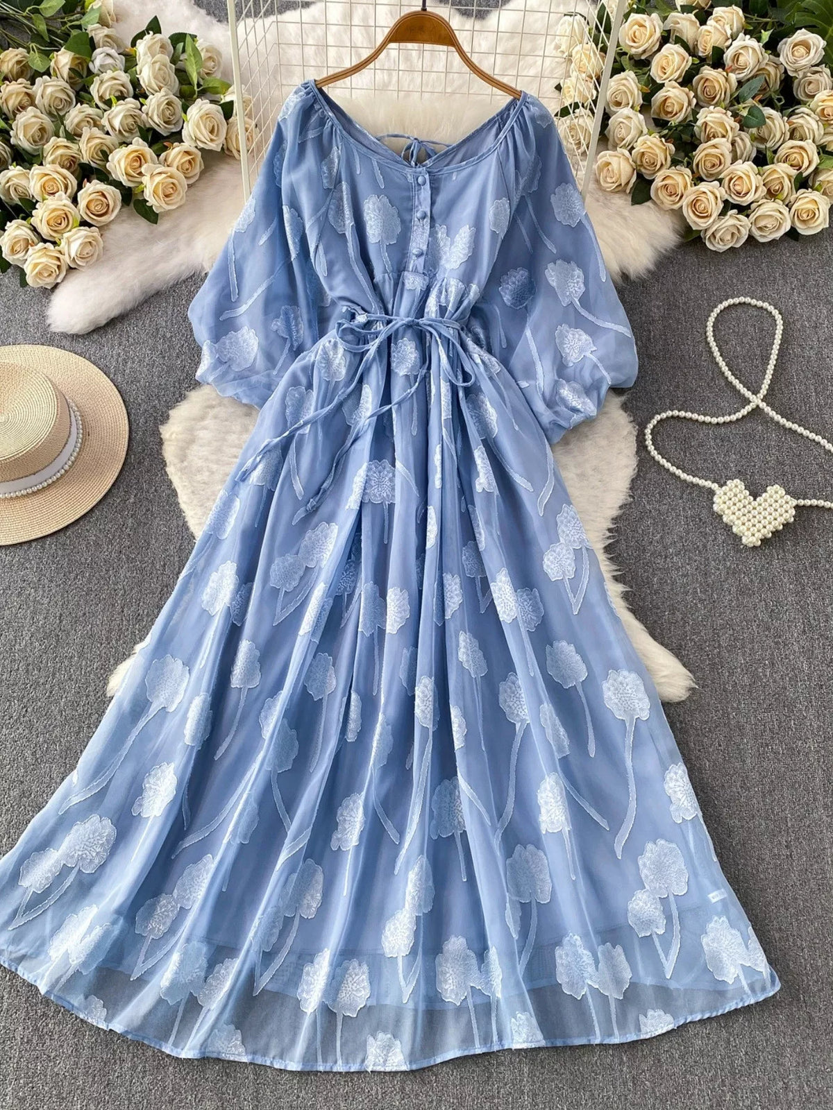 Button Front Puff Sleeve Chiffon Dress - alternate view 17