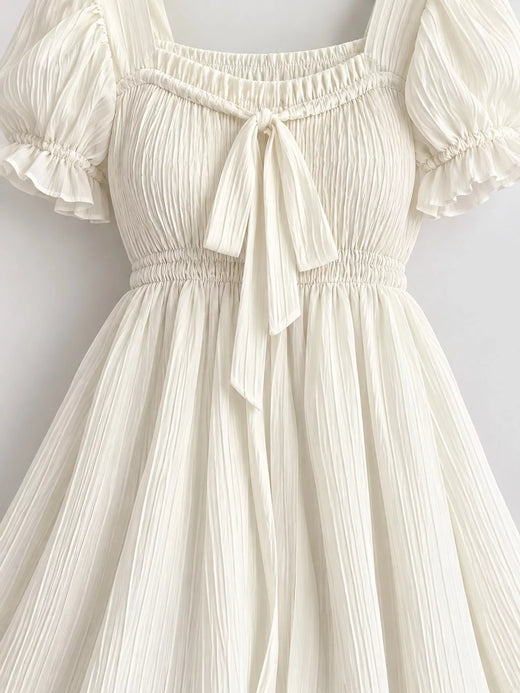 Puff-Sleeve Smocked Mini Dress with Tie-Front Detail - alternate view 5