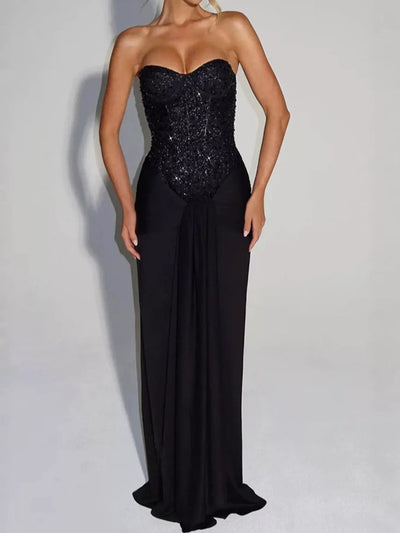 Elegant Strapless Sequin Corset Maxi Dress with Draped Waist Detail - alternate view 24