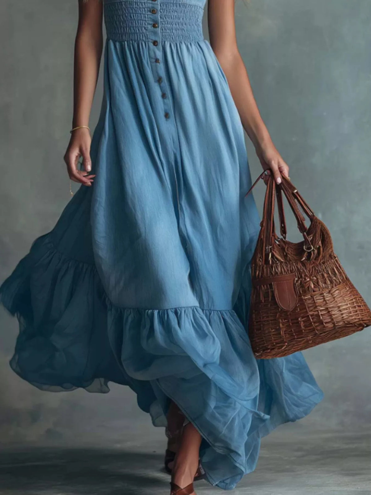 Smocked Button Front Denim Maxi Dress - alternate view 3