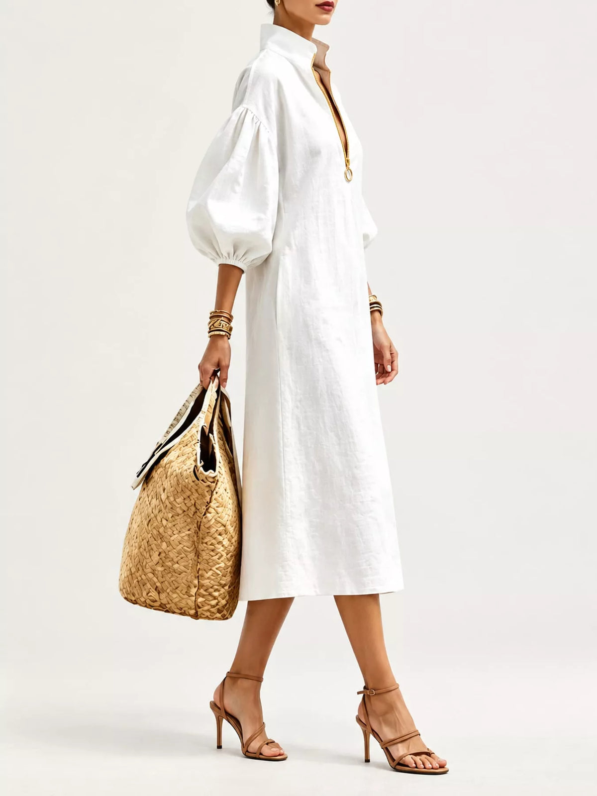 Half-Zip Puff Sleeve Midi Dress - alternate view 6
