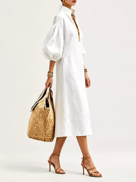 Half-Zip Puff Sleeve Midi Dress - alternate view 6