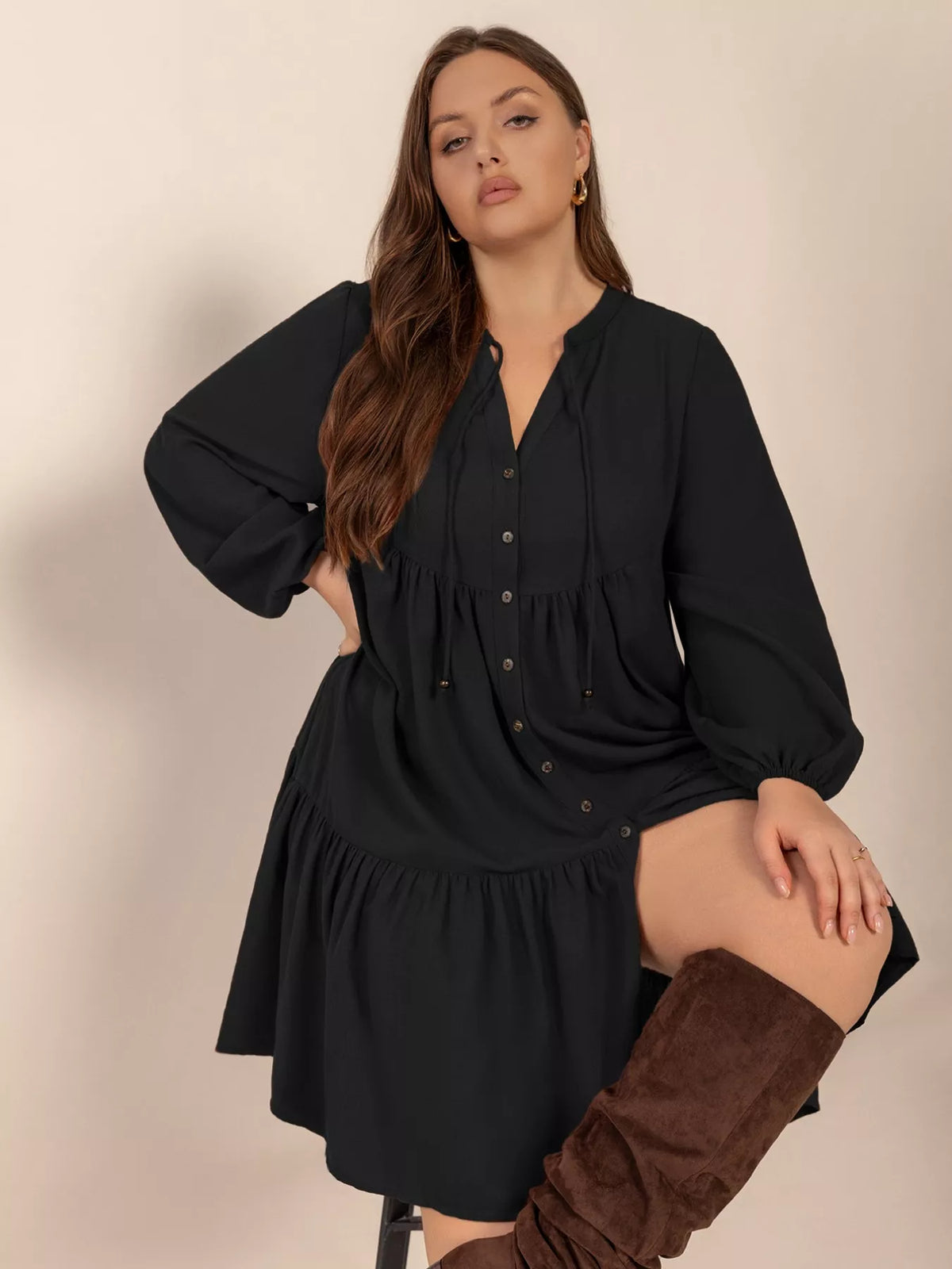 Button Front Balloon Sleeve Dress - alternate view 5