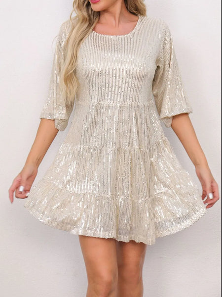 Sequin Round Neck Half Sleeve Mini Dress - alternate view 6