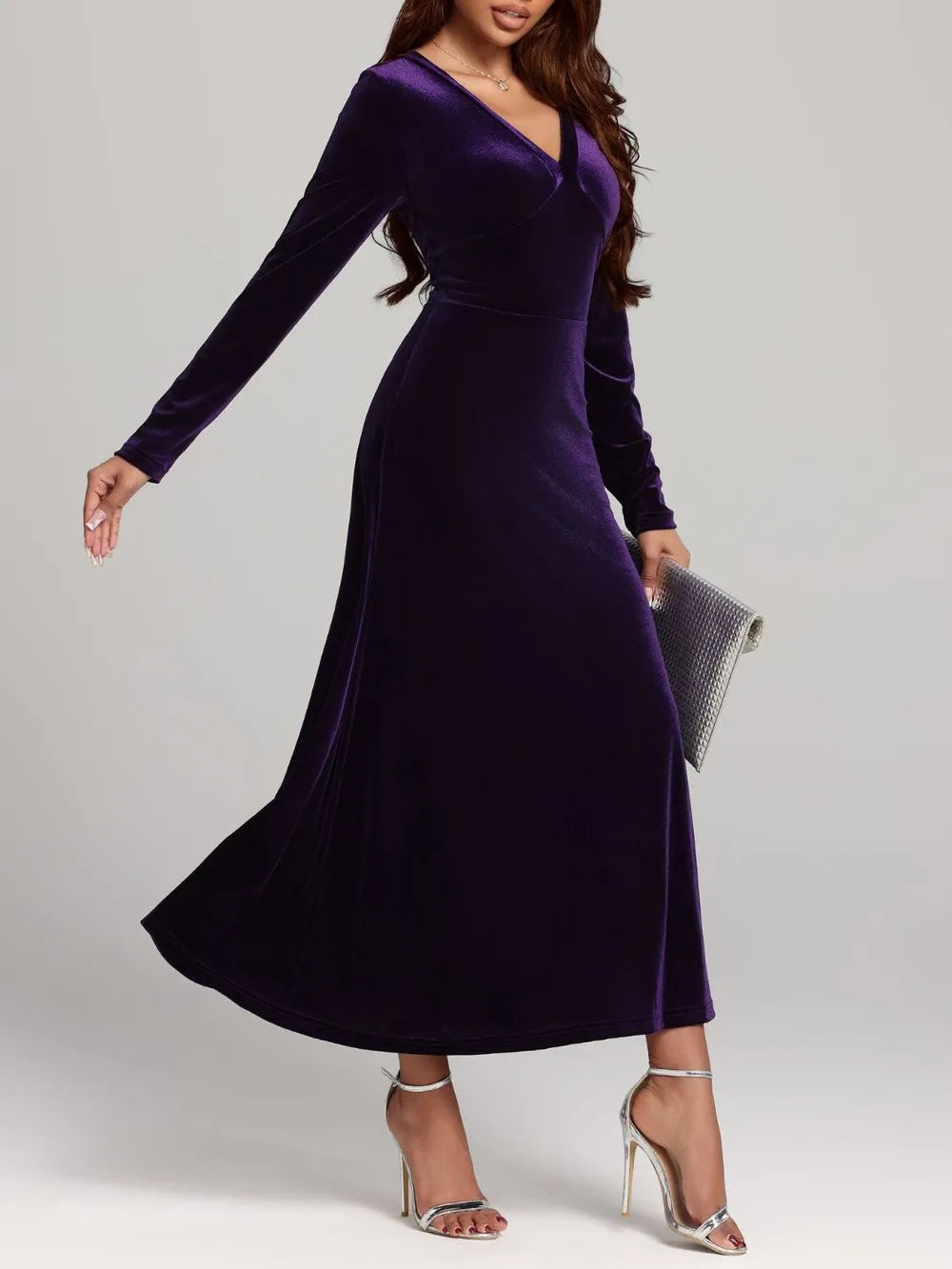 V-Neck Long Sleeve Velvet Dress - alternate view 4